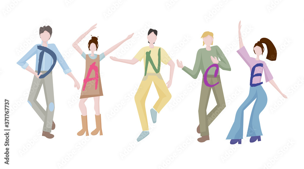 Obraz premium young men and women dancing together at a party or disco. It's time to relax and get some rest. Fun to celebrate a holiday or birthday. Dance moves, activity, entertainment. Flat design