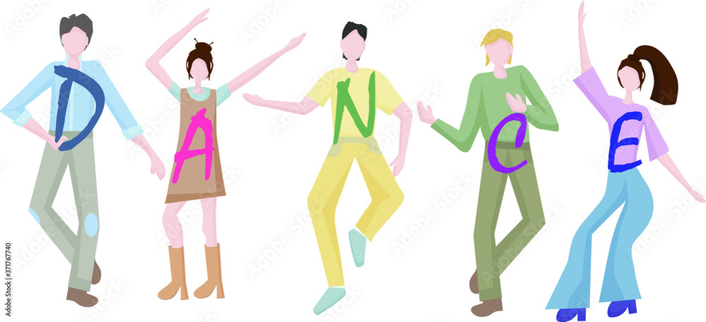 young men and women dancing together at a party or disco.  It's time to relax and get some rest. Fun to celebrate a holiday or birthday. Dance moves, activity, entertainment. Flat design