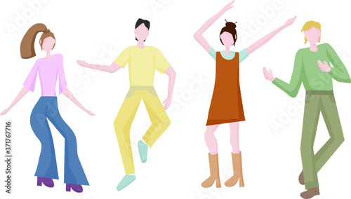 young men and women dancing together at a party or disco.  It s time to relax and get some rest. Fun to celebrate a holiday or birthday. Dance moves  activity  entertainment. Flat design