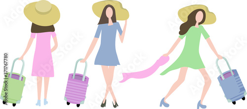 Elegant girls with a suitcase go on a trip  they will have an unforgettable holiday. In a beautiful dress  high heels shoes and a big hat from the sun. Flat design