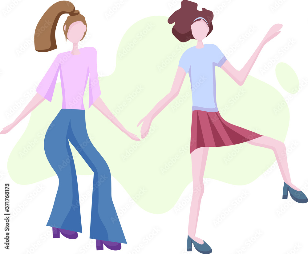 Two modern young girls dancing. Dance moves, fun and entertainment. Women's friendship and shared leisure, party. Concept for a banner, website design or target web page. Two modern young girls dancing. Dance moves, fun and entertainment. Women's friendship and shared leisure, party. Concept for a banner, website design or target web page.