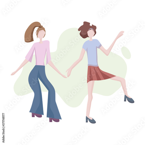 Two modern young girls dancing. Dance moves  fun and entertainment. Women s friendship and shared leisure  party.  Concept for a banner  website design or target web page.