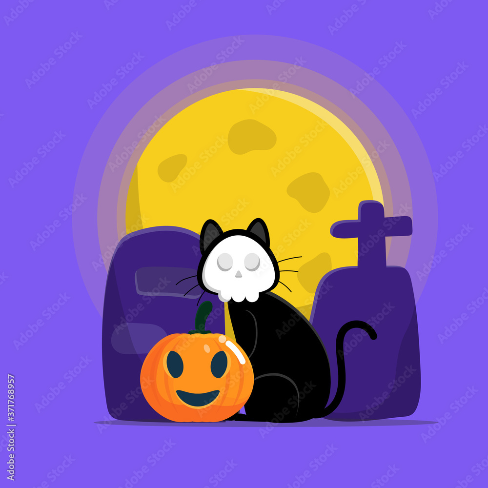 cute cat wearing skull mask sitting at tombstone with pumpkin in halloween night