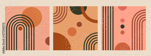 Abstract geometric cards. Modern minimal shapes cards, trendy terracotta geometric elements vector background set
