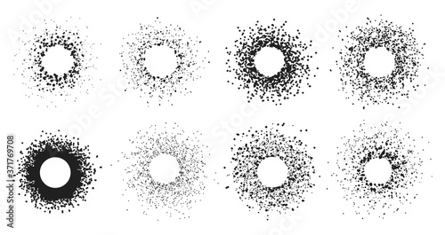 Round dots frames. Circle spotted borders, abstract brush texture rounded elements, specks and spots frame isolated vector illustration set