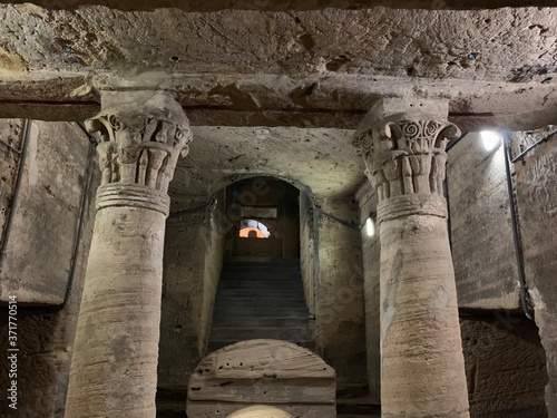 Inside Catacomb of Kom El Shoqafa.
The catacombs of Kom El Shoqafa `Mound of Shards` is a historical archaeological site located in Alexandria, Egypt, and is considered one of the Seven Wonders 

