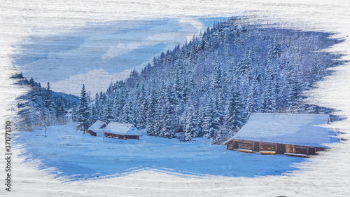 Old wooden cottages in wint...