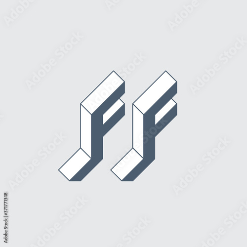 FF - 2-letter code. F and F - Monogram or logotype. Isometric 3d font for design. Volume alphabet. Three-dimension letters.