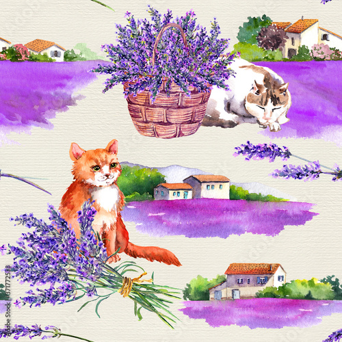 Cute cats, lavender bouquets. Summer flowers, village houses and butterflies seamless pattern. Vintage basket, floral bunch. Watercolor repeated background