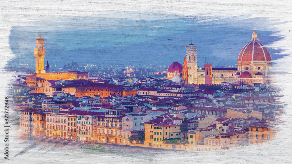 Panorama of sunset in Florence, Italy, watercolor painting
