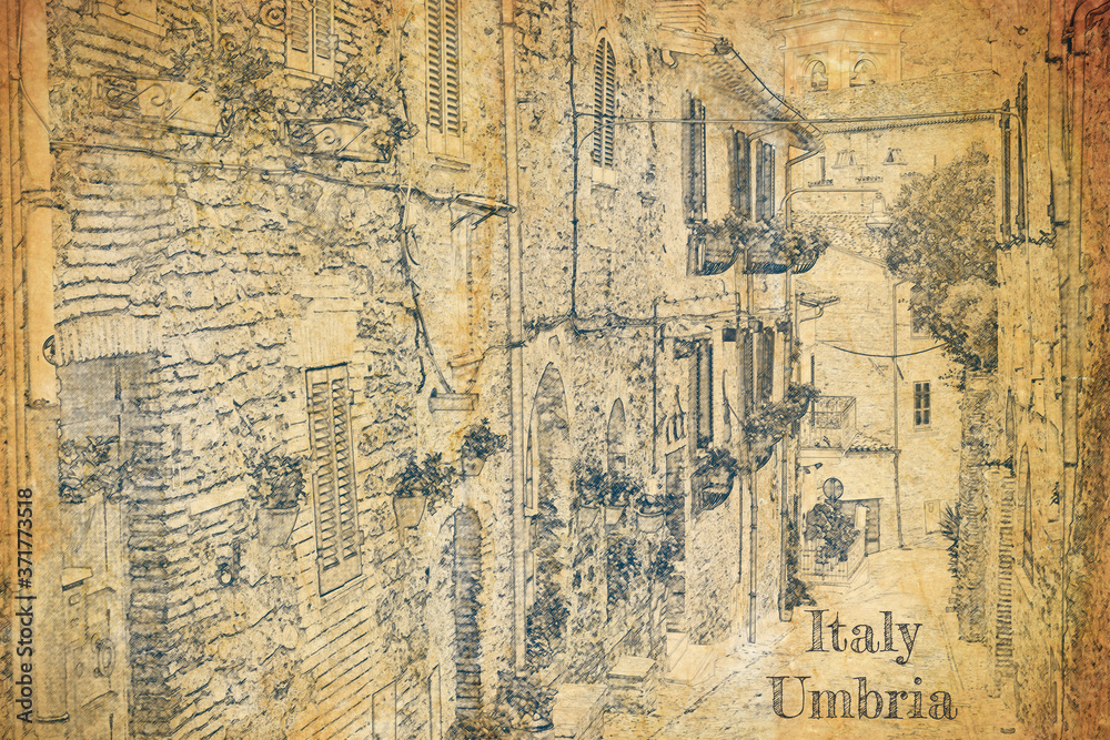 Vintage street in small town, Umbria, sketch on old paper