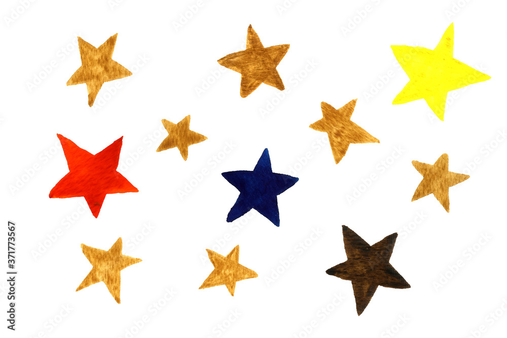 Watercolor illustration of celestial bodies. Hand drawn stars isolated on white background. Template for space banner or poster. Astronautics elements. Watercolor illustration of celestial bodies. Hand drawn stars isolated on white background. Template for space banner or poster. Astronautics elements.