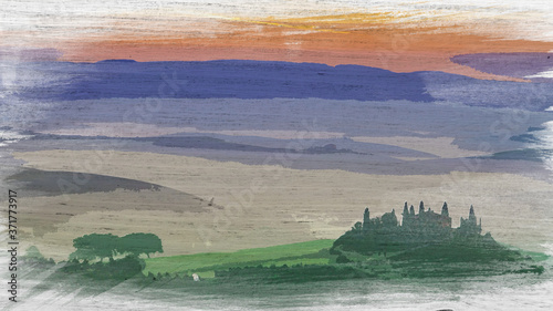 Watercolor of sunrise over ...