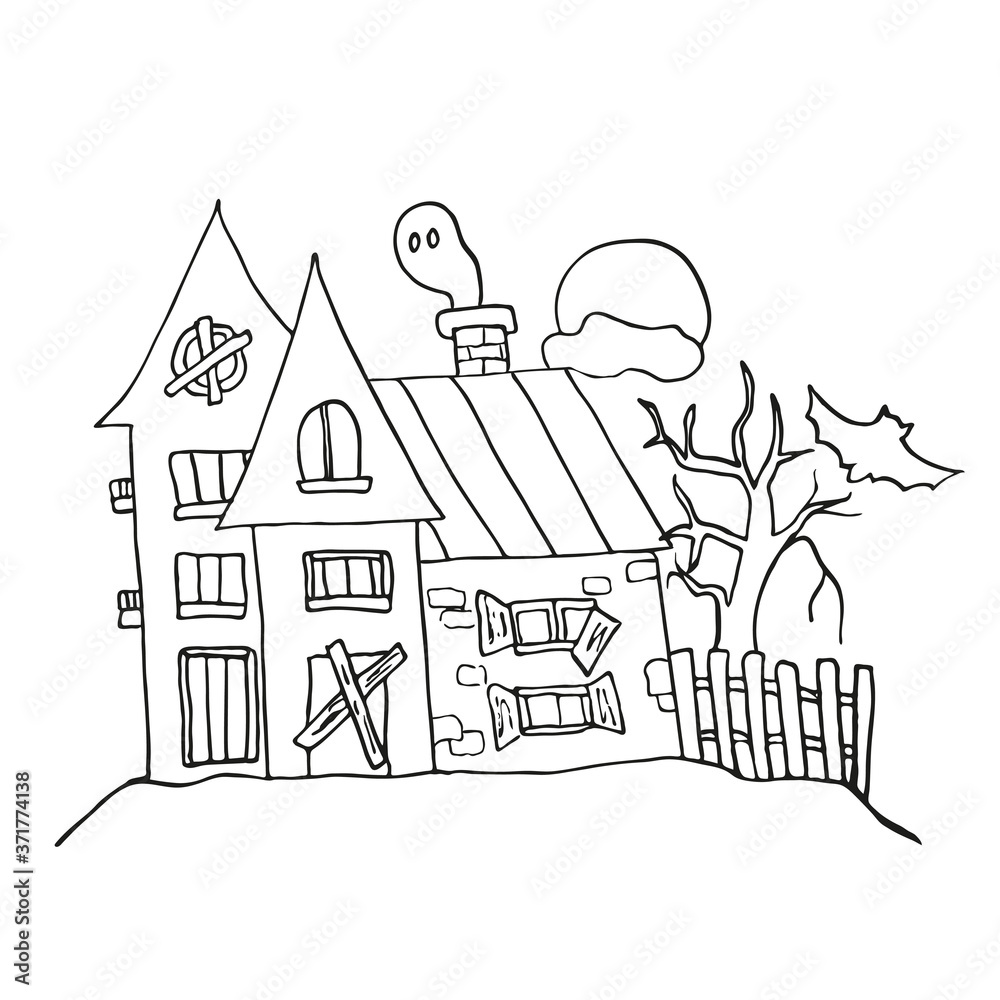 Haunted house. Vector illustration for the cheerful  holiday Halloween.Decorative element for party. Isolated object on white background in Doodle style.Clipart for postcard, invitation, textiles.