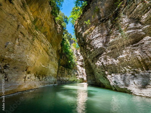 The most beautiful and spectacular canyon. Amazing gorge with tall walls and the wide river. Albania.