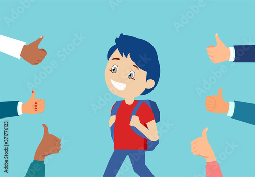 Vector of a cheerful boy student surrounded by hands giving thumbs up
