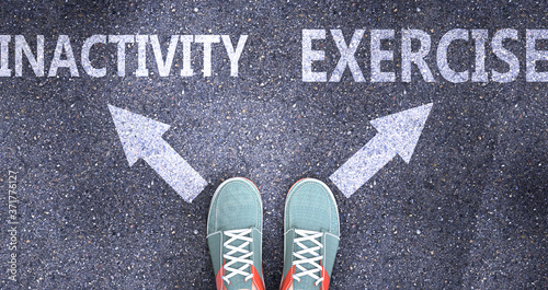 Inactivity and exercise as different choices in life - pictured as words Inactivity, exercise on a road to symbolize making decision and picking either one as an option, 3d illustration