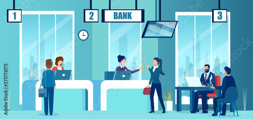 Vector of a modern bank office interior with employees and customers characters.