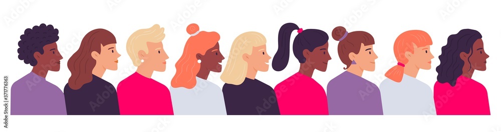 Profile women portraits. Diverse female heads side view. Cartoon characters of various nationality, having different hairstyle as ponytail, curly and straight hair vector illustration