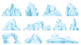 Cartoon iceberg. Drifting arctic glacier or ice rock. Frozen water, antarctic ice peaks, icy mountain for game, nature objects vector set. North pole broken pieces or ice blocks and bergs