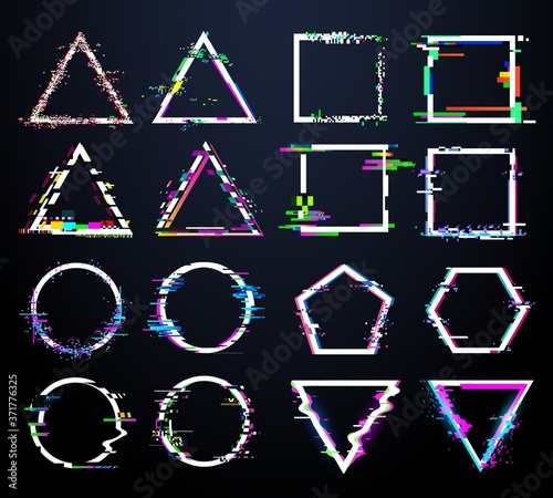 Glitch white frames. Distorted circle, square and triangle and polygonal shapes. Tv distortion abstract geometry figures with digital noise defect. Crash logo icon vector illustration
