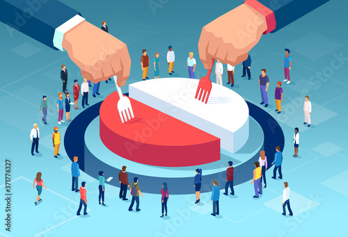 Vector of two big business men dividing financial pie chart, profits with people standing around