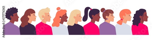 Profile women portraits. Diverse female heads side view. Cartoon characters of various nationality, having different hairstyle as ponytail, curly and straight hair vector illustration