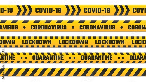 Quarantine stripes, yellow tape for border. Warning cordon for covid 19 outbreak, coronavirus illness. Global pandemic lockdown, security tape fencing flu disease vector illustration
