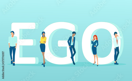 Vector of men and women standing by the word ego