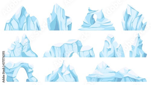 Cartoon iceberg. Drifting arctic glacier or ice rock. Frozen water, antarctic ice peaks, icy mountain for game, nature objects vector set. North pole broken pieces or ice blocks and bergs