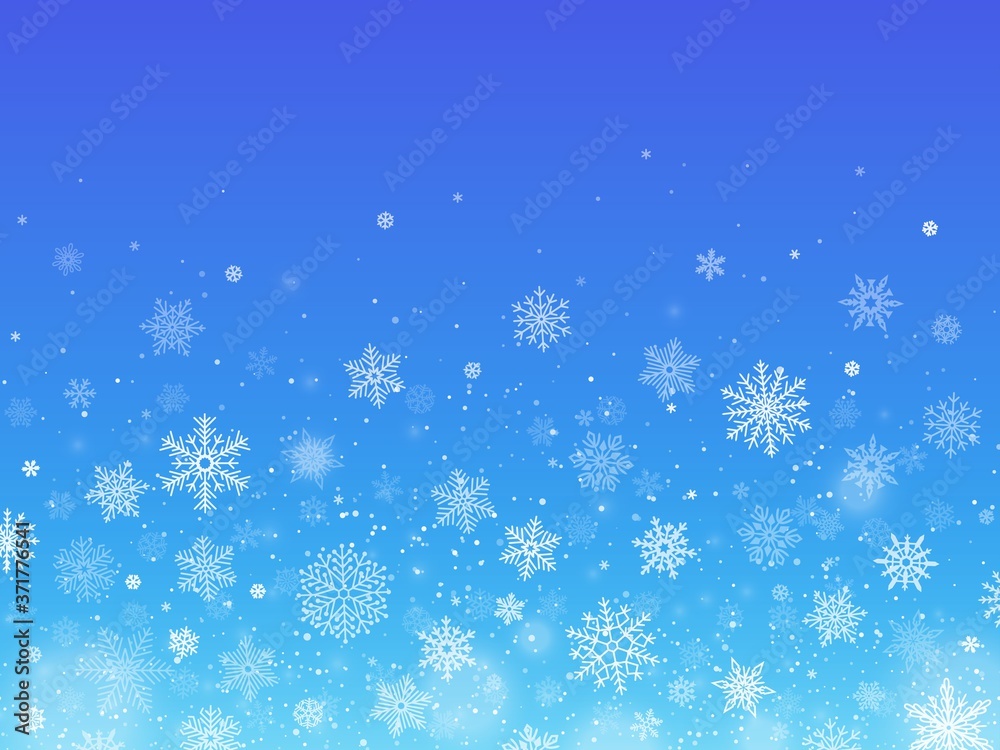 Snowflakes blue background. Winter falling snow. Christmas holiday decoration for greeting and invitation cards. Flakes of various shape and size new year template vector illustration