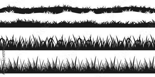 Seamless grass border silhouette. Tuft line set isolated on white background. Nature element for lawn or meadow design. Black plant border collection for landscape vector illustration