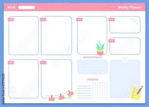 Weekly planner template. Appointments and tracker sections and trendy lettering. Organizer or schedule for notes and week days. Calendar for studying or work plans vector illustration