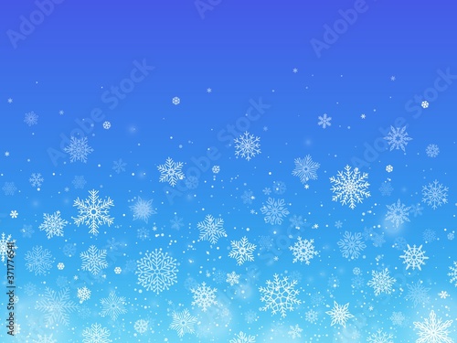 Snowflakes blue background. Winter falling snow. Christmas holiday decoration for greeting and invitation cards. Flakes of various shape and size new year template vector illustration