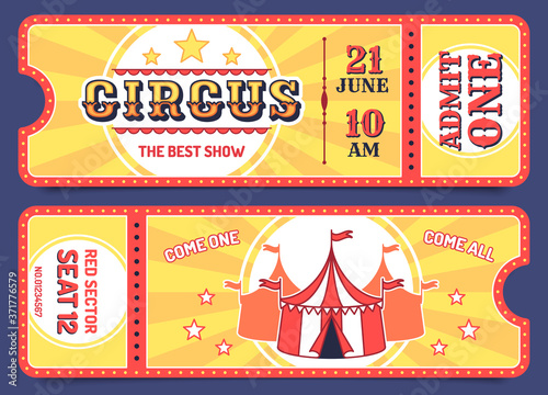 Circus tickets. Entrance ticket templates with sample text, invitation coupon for attractions, carnival events, magic show retro vector set. Admit one coupon mention, entertaining performance
