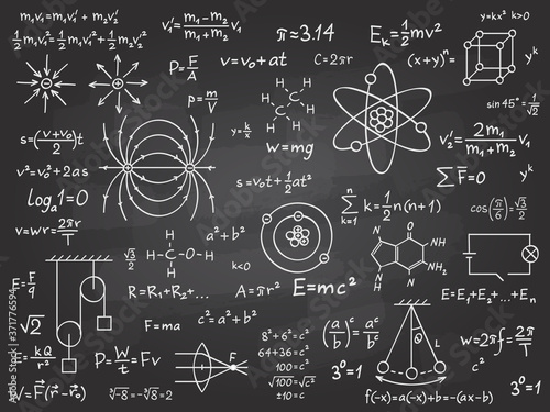 Scientific formulas. Mathematics and physics calculus on class chalkboard. Algebra and physical science handwritten vector education concept. Maths calculation on blackboard. Physics science theorem