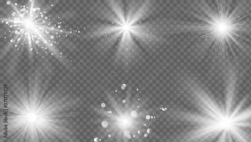 Flares and rays effect. White light burst, star sparkle. Magic starburst beam with glitter, realistic sun glow vector isolated set on transparent. Glowing explosion, bright shining effect