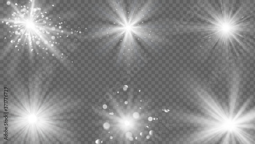 Flares and rays effect. White light burst, star sparkle. Magic starburst beam with glitter, realistic sun glow vector isolated set on transparent. Glowing explosion, bright shining effect photo
