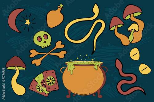 Witchcraft vector sticker pack. Poisonous doodle objects for print design. Cauldron with potion, snake and hallucinogenic mushroom. EPS 10