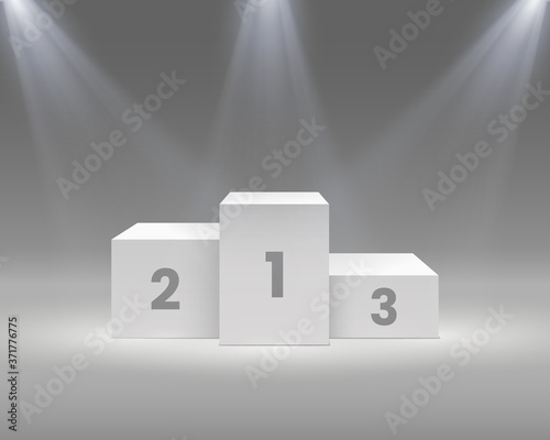 Winner podium. White pedestal with spotlights, empty stage for award ceremony winners, sport victory, realistic vector illustration. Getting trophy for first, second and third place