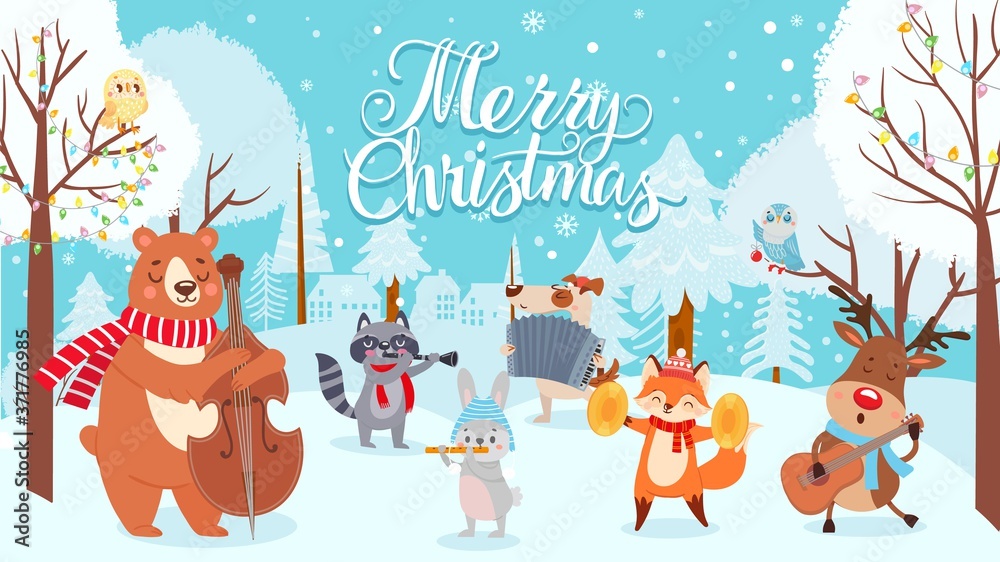 Animals celebrating christmas. Xmas cute card with happy animals musicians, winter forest with holiday decoration vector background. Bear and raccoon, fox and dog, hare, deer play musical instruments