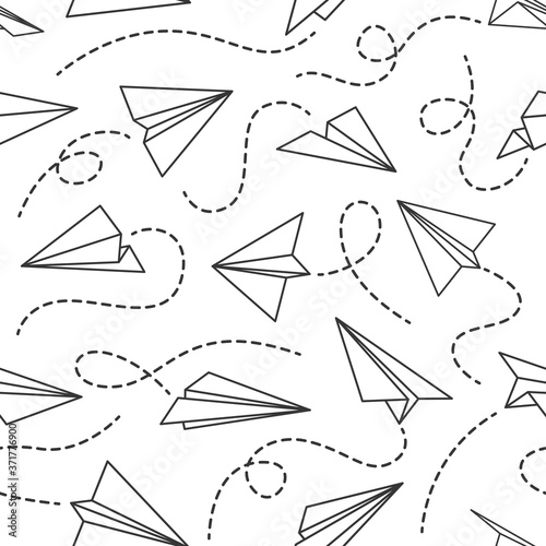 Line paper airplane seamless pattern. Flying planes from different direction with dotted line tracks, black drawing wallpaper vector texture, fabric. Post delivery flight, invention concept