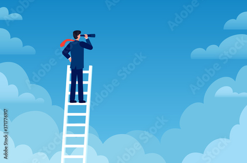 Business vision. Businessman stands on career ladder with telescope. Promotion, success new opportunities, visionary strategy vector concept. Achieving objectives and goals, man looking in sky