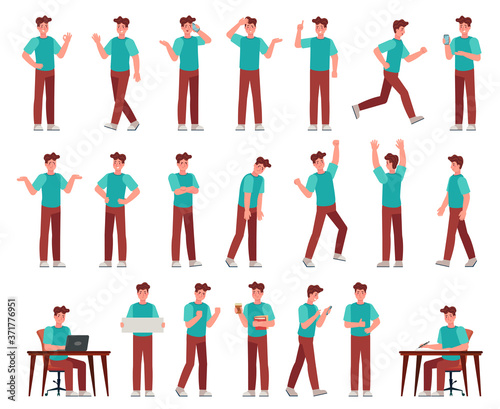 Cartoon man in casual outfit. Young male character in different poses. Student with various gestures, face expression vector set. Guy working with laptop, writing at desk, talking on phone, routine