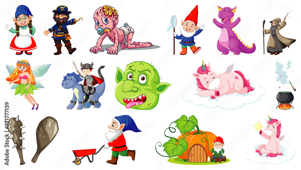 Fototapeta premium Set of fantasy cartoon characters and fantasy theme isolated on white background