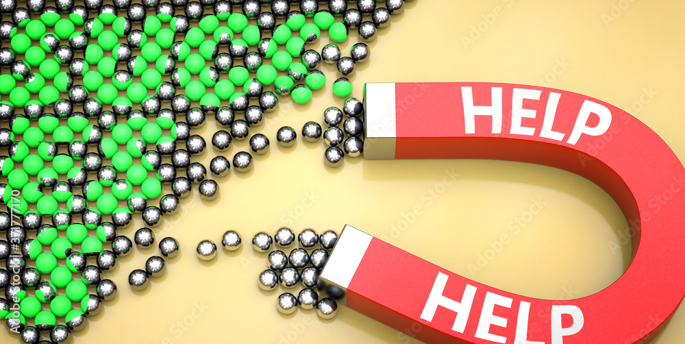 Help attracts success - pictured as word Help on a magnet to symbolize that Help can cause or contribute to achieving success in work and life, 3d illustration Help attracts success - pictured as word Help on a magnet to symbolize that Help can cause or contribute to achieving success in work and life, 3d illustration