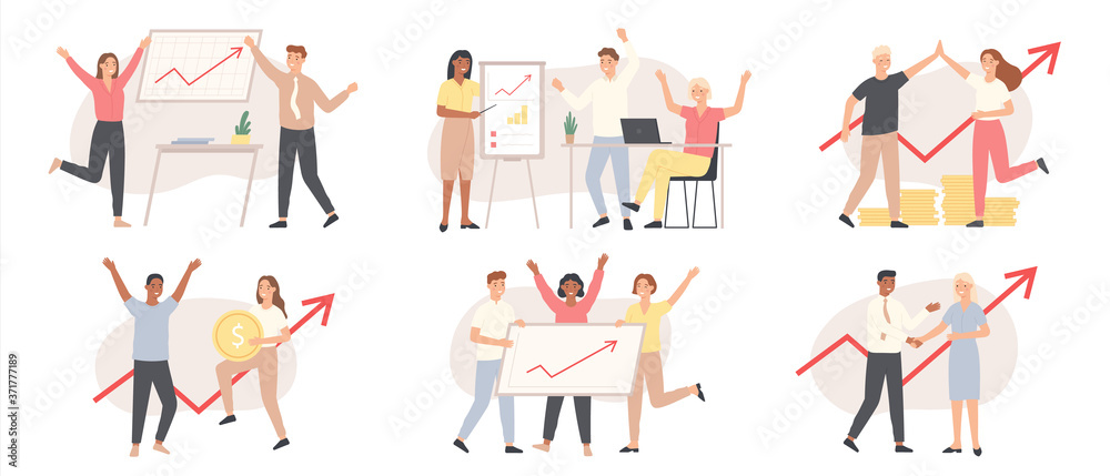 Business people increase financial chart. Investment, financial teamwork success. Growth presentation, arrow graph upward vector concept. Successful company development, earning money