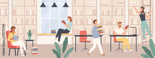 People in library. Men and women read book, students study with books and gadgets in public library interior vector concept. Girl on ladder getting book, people at desks and chairs