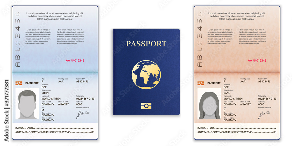 Passport template. International open passport with sample personal data  page man and woman document for travel and immigration, vector set. Blue  cover with globe, realistic id with information vector de Stock