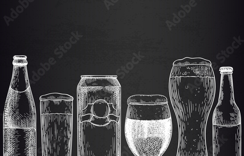 Beer background. Sketch beer glasses, mugs and can, bottles with beer. Hops drink design for promotion poster engraving vector template. Bar or pub advertisement. Alcohol beverage with foam